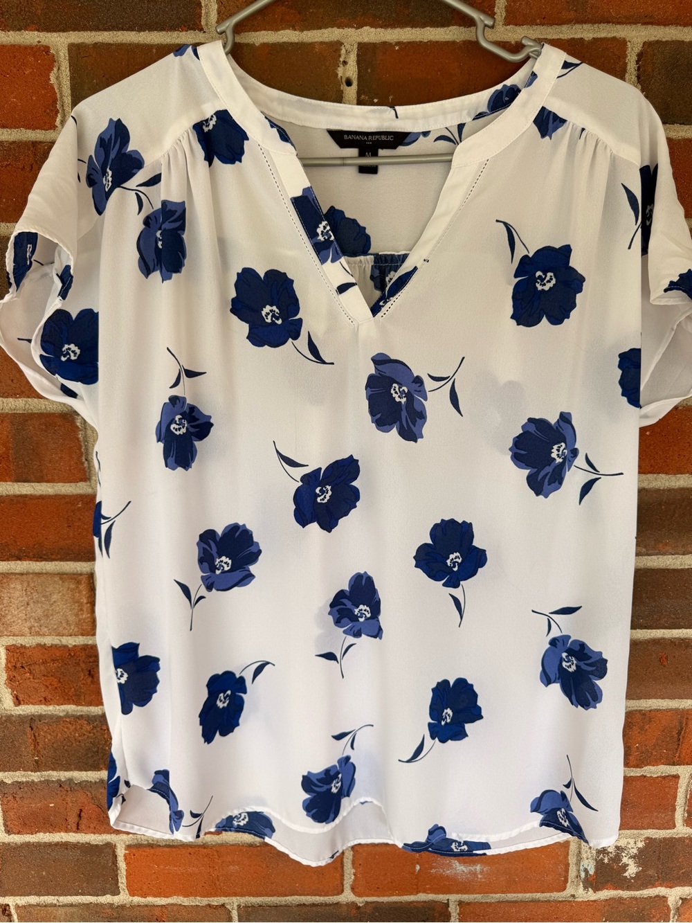 Banana Republic White Top with Blue Floral Print